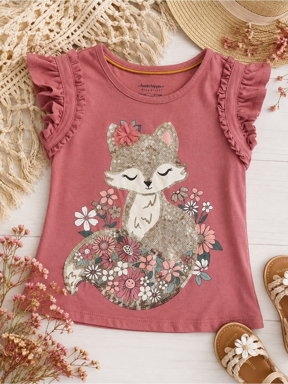 Haute Hippie Girls 4T Pink Sequin Fox Floral Ruffle Flutter Sleeve Top